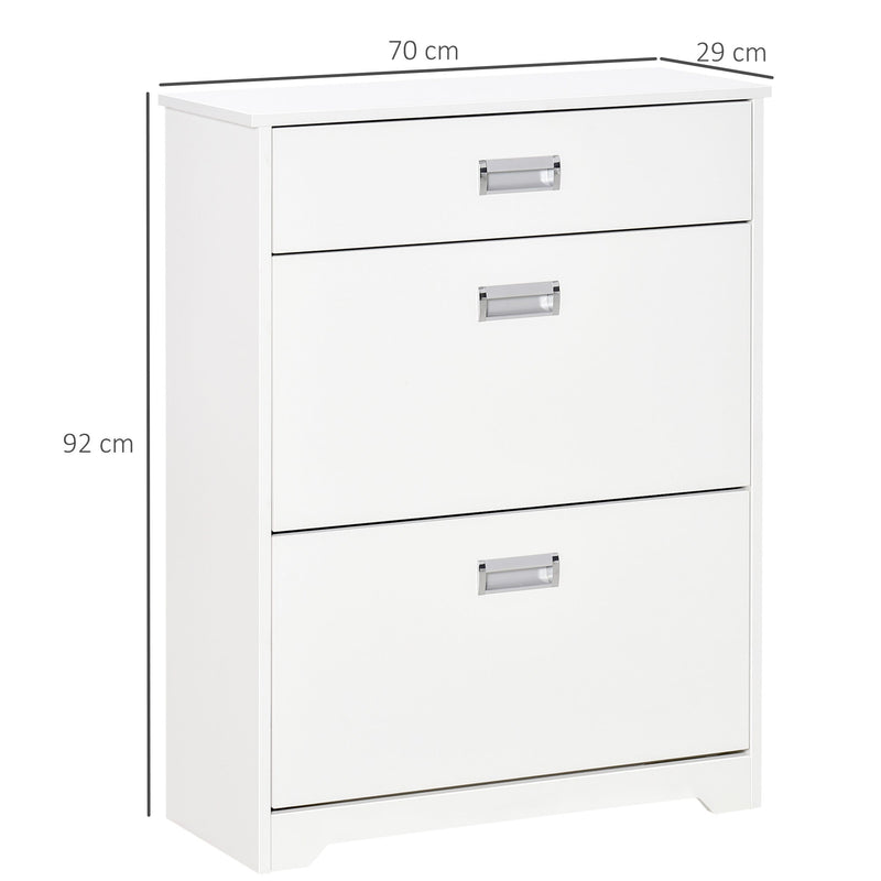 Slim White Tipping Shoe Cabinet - Entryway Storage Rack with Pull-Down Doors & Drawer, Adjustable Shelf - Space-Saving Organizer for Hallways and Small Areas