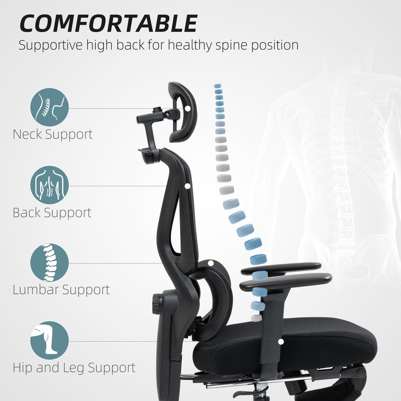 HOMCOM Executive Office Chair, Ergonomic Mesh Desk Chair with 3D Armrests, Rotatable Headrest, Adjustable Lumbar Support, Recliner Computer Swivel Chair with Footrest for Home Office, Black