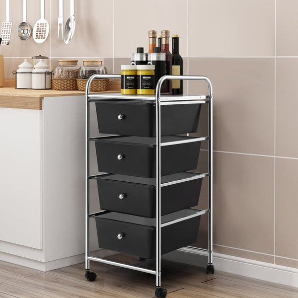 Mobile Trolley Storage Unit - 4 Drawer Cart on Wheels, Removable Plastic Bins in Black - Ideal Solution for Portable Organization Needs