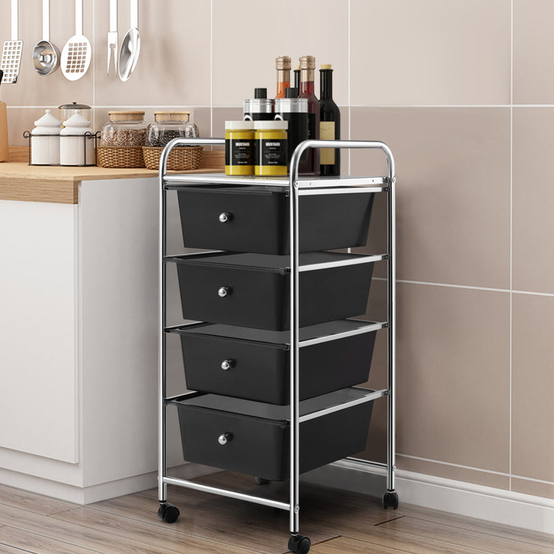 Mobile Trolley Storage Unit - 4 Drawer Cart on Wheels, Removable Plastic Bins in Black - Ideal Solution for Portable Organization Needs