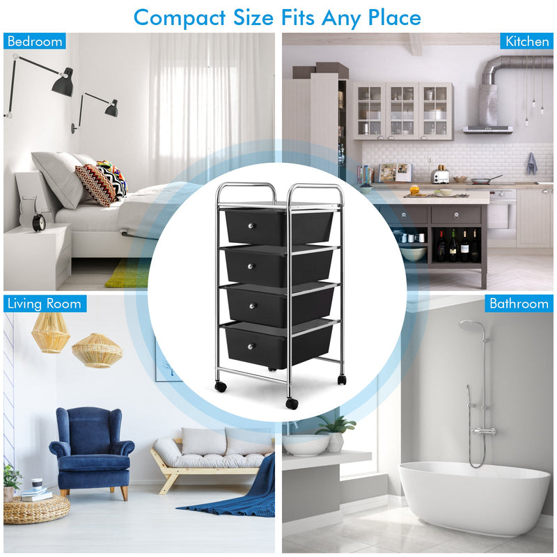 Mobile Trolley Storage Unit - 4 Drawer Cart on Wheels, Removable Plastic Bins in Black - Ideal Solution for Portable Organization Needs