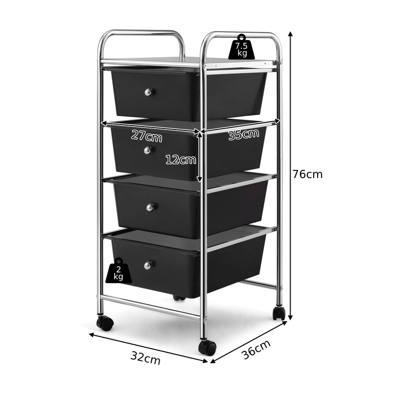 Mobile Trolley Storage Unit - 4 Drawer Cart on Wheels, Removable Plastic Bins in Black - Ideal Solution for Portable Organization Needs