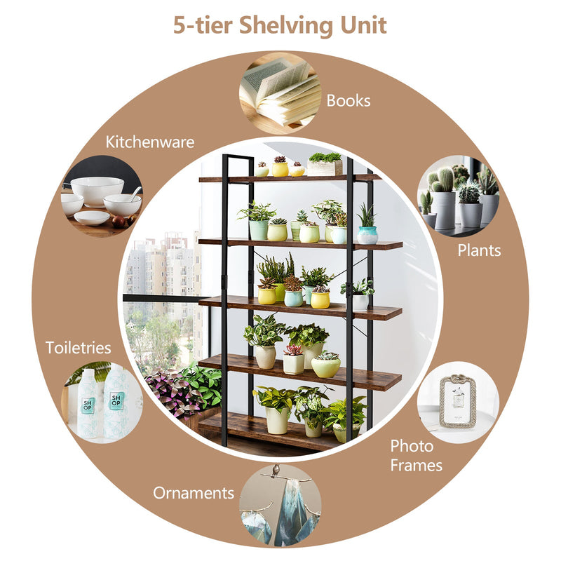 Industrial 5-Tier Bookshelf - Rustic Brown with Anti-Toppling Device - Ideal for Safe Storage and Home Decor