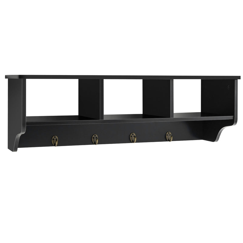 Floating Storage Shelf 31-Inch - Open Compartments and Hanging Hooks in White - Ideal for Organizing Home and Office Space