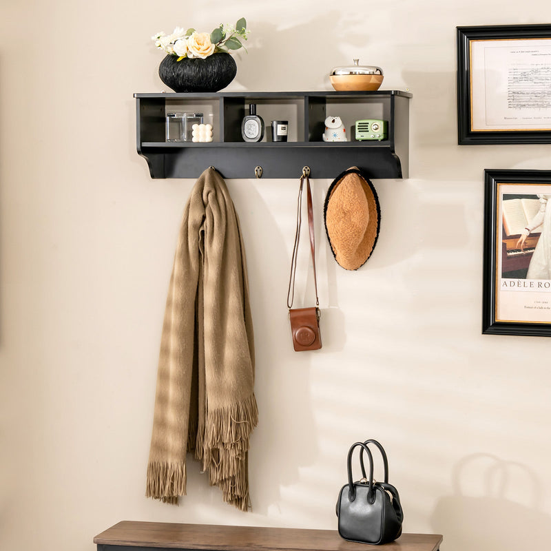 Floating Storage Shelf 31-Inch - Open Compartments and Hanging Hooks in White - Ideal for Organizing Home and Office Space