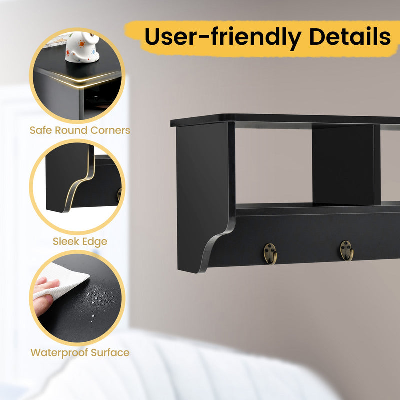 Floating Storage Shelf 31-Inch - Open Compartments and Hanging Hooks in White - Ideal for Organizing Home and Office Space