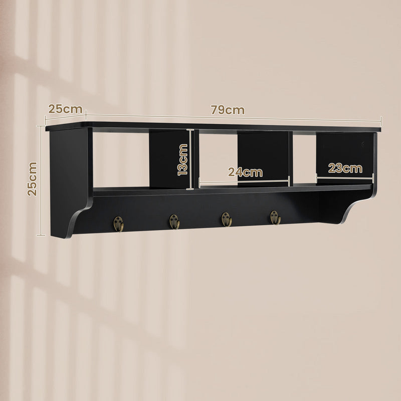 Floating Storage Shelf 31-Inch - Open Compartments and Hanging Hooks in White - Ideal for Organizing Home and Office Space