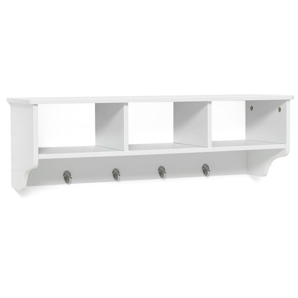 Floating Storage Shelf 31-Inch - Open Compartments and Hanging Hooks in White - Ideal for Organizing Home and Office Space