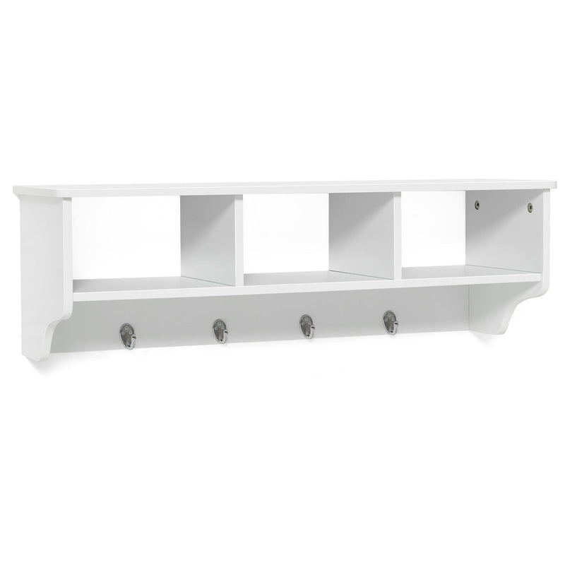 Floating Storage Shelf 31-Inch - Open Compartments and Hanging Hooks in White - Ideal for Organizing Home and Office Space