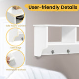 Floating Storage Shelf 31-Inch - Open Compartments and Hanging Hooks in White - Ideal for Organizing Home and Office Space