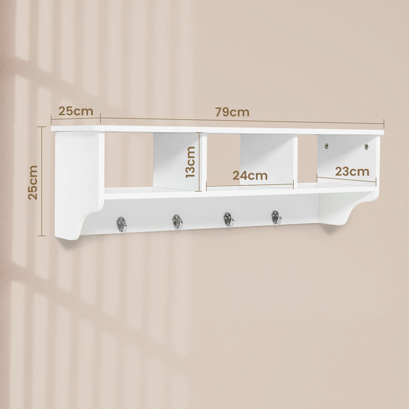 Floating Storage Shelf 31-Inch - Open Compartments and Hanging Hooks in White - Ideal for Organizing Home and Office Space