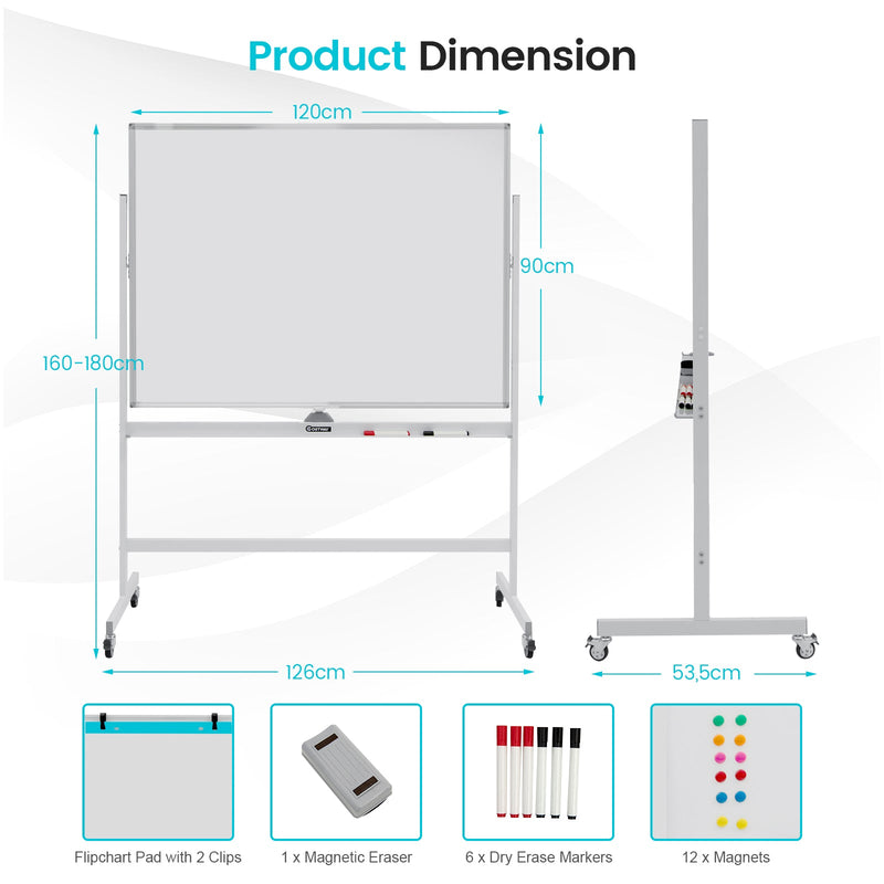 Mobile Magnetic Whiteboard - Double-Sized, Easily Movable with 4 Lockable Wheels - Ideal for Presentations, Lessons, and Office Use
