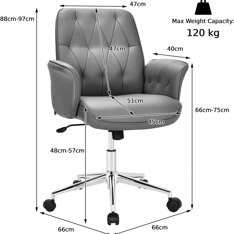 Swivel PU Leather Office Chair - Adjustable and Rocking Function in Grey - Ideal for Home or Office Use