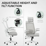 HOMCOM Executive Office Chair, Ergonomic Mesh High Back Desk Chair with Flip-up Armrest, Adjustable Lumbar Support, Rotatable Headrest, Swivel Computer Chair for Home Study, Grey