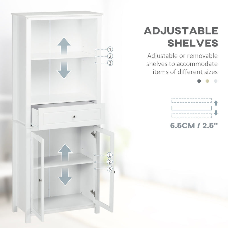Pantry Storage Unit with Tempered Glass Doors - Kitchen Cupboard with Drawer, Open Shelf & Adjustable Shelves | 181.5 cm Tall in White - Ideal for Organizing Kitchenware & Food Essentials