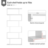 Elegant White S-Shaped Wooden Bookcase - 6-Shelf Storage and Display Unit with Room Divider Function - Versatile Organizational Solution for Home or Office