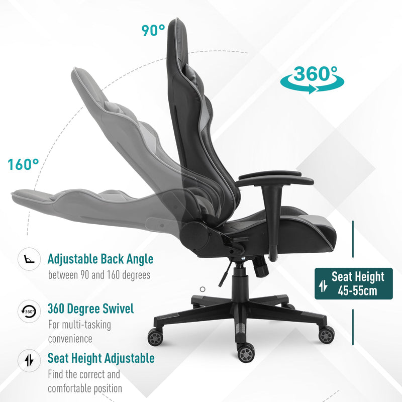 High Back Racing Gaming Chair - Ergonomic Recliner, 360° Swivel, Rocking Function, Adjustable Height, Built-in Lumbar Support with Pillow - Comfortable Gaming and Home Office Use