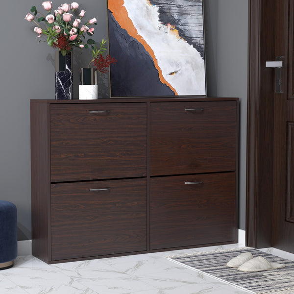 Wooden Shoe Storage Cabinet - Multi-Tier Flip Down Shelves and Drawer, Dark Brown - Space-Saving Organizer for Entryways and Closets