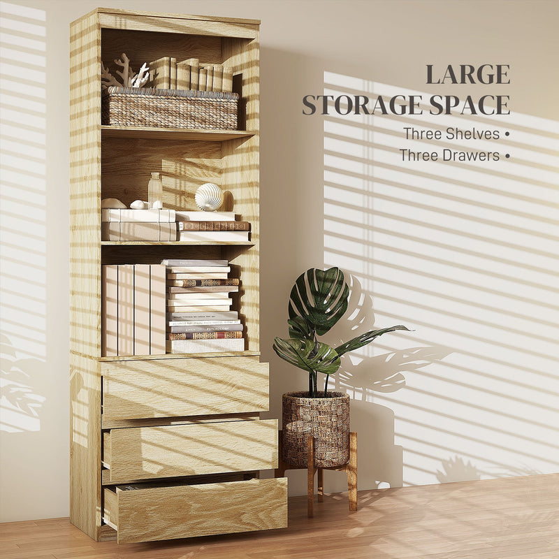 180cm Oak Wood Effect Bookcase - Free Standing Bookshelf with 3 Shelves & 3 Drawers, Display Cabinet - Versatile Storage for Living Room, Home Office, Bedroom