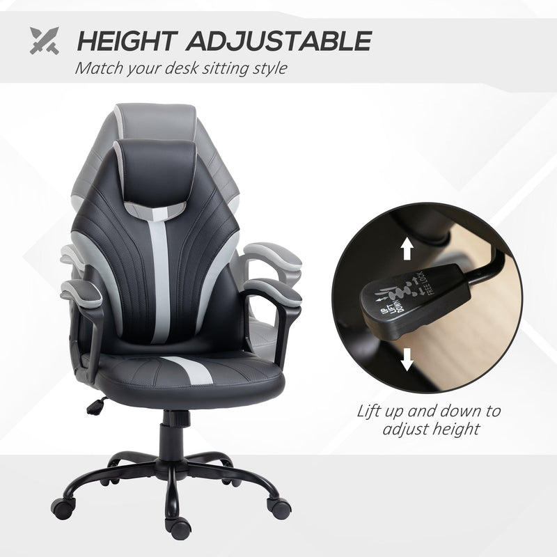 Ergonomic Racing Gaming Chair - Faux Leather Swivel Office Chair with 5 Wheels, Black and Grey - Ideal for Long Gaming Sessions & Professional Gamers