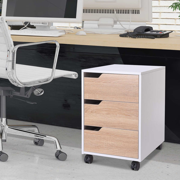 Mobile File Cabinet Pedestal - MDF Construction with 3 Lockable Drawers and Casters - Efficient Office Storage in Oak and White