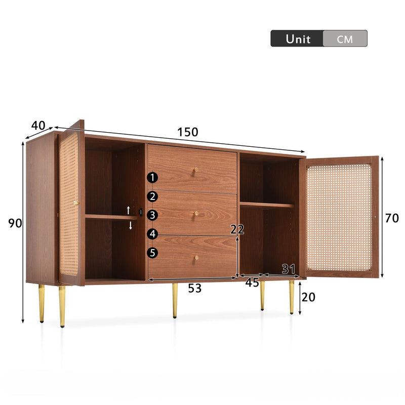 Adjustable Shelf Sideboard - Freestanding Storage Cabinet with 2 Doors and 3 Drawers in Walnut - Organizer for Living Room & Bedroom
