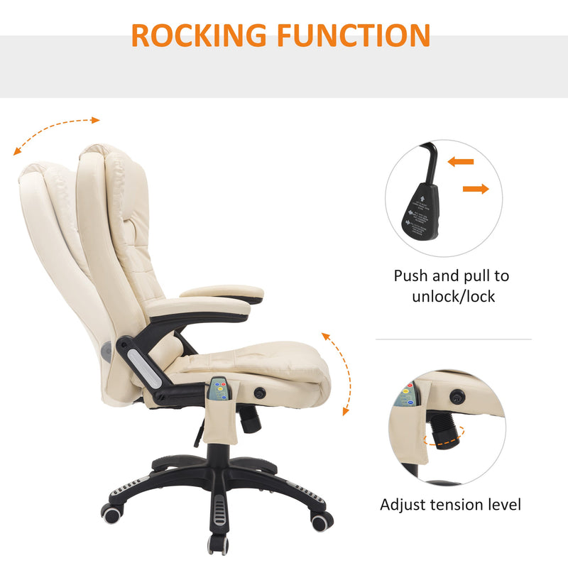 Executive Office Chair with Heat & Massage Feature - High Back PU Leather, Tilt & Reclining Functionality, Beige - Ideal for Stress Relief & Comfort in the Workplace