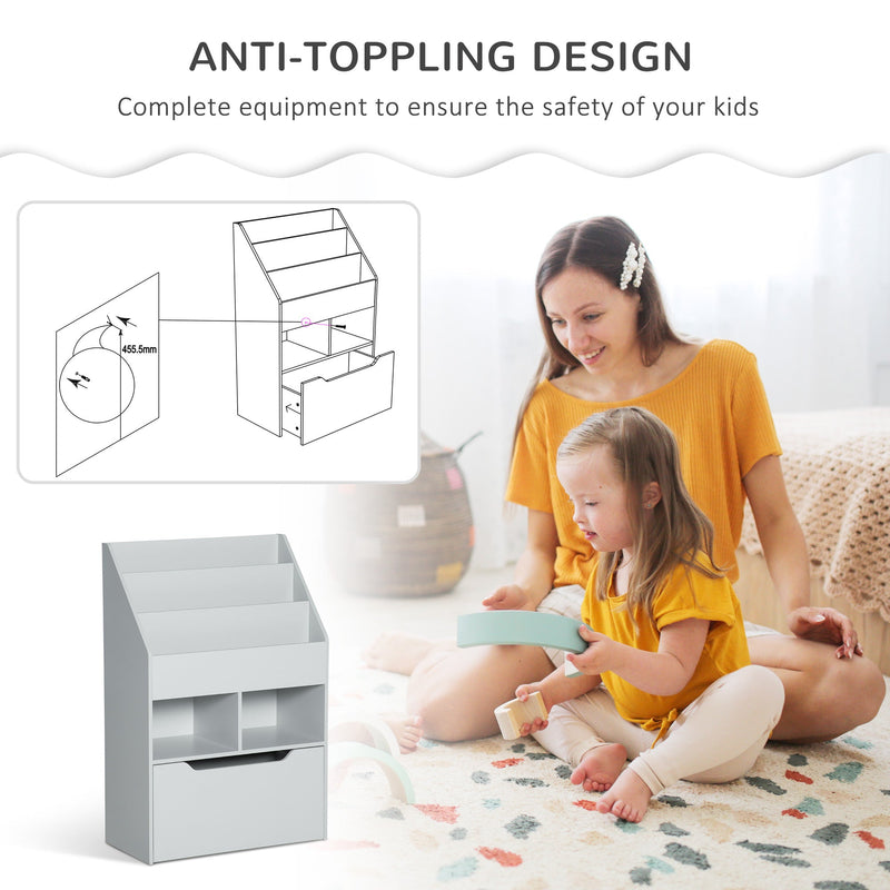 Children's Multipurpose Bookshelf with Drawer - Mobile Toy Storage Organizer and Bookcase for Kids - Ideal for Bedroom or Playroom in Stylish Grey