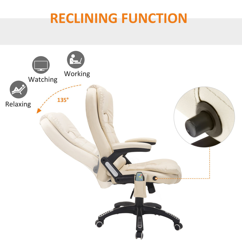 Executive Office Chair with Heat & Massage Feature - High Back PU Leather, Tilt & Reclining Functionality, Beige - Ideal for Stress Relief & Comfort in the Workplace