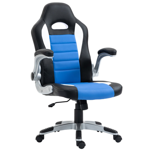 Ergonomic Racing Style Gaming Chair - PU Leather, Height Adjustable, Swivel, Tilt, Flip-Up Armrests in Blue - Comfortable Desk Chair for Gamers and Professionals