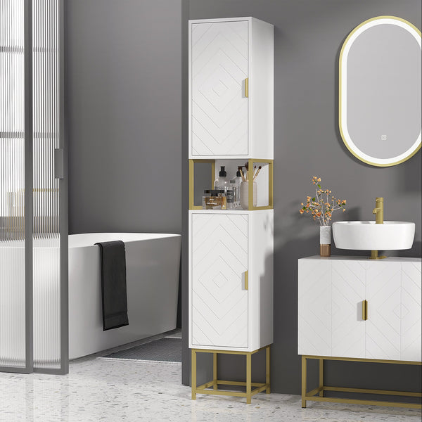 Narrow Tallboy Bathroom Cabinet - Freestanding Storage Unit with Adjustable Shelf and Steel Base - Space-Saving Slim Corner Organizer for Small Bathrooms