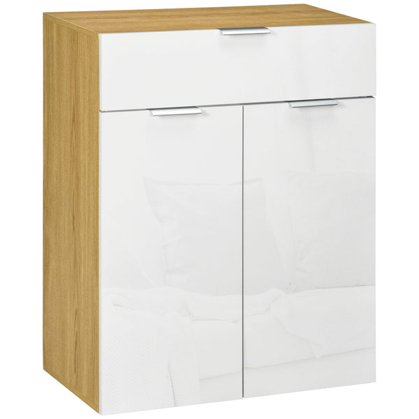 High Gloss White & Natural Sideboard - Sleek Storage Cabinet with Drawer, Door, and Adjustable Shelves - Ideal for Organizing Essentials in Style
