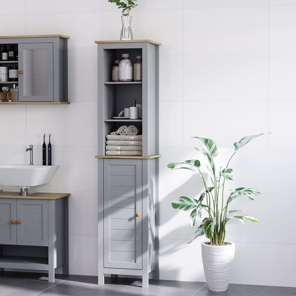 Tall Grey Bathroom Storage Cabinet - 3-Tier Shelving & Enclosed Cupboard Space - Free Standing Linen Tower for Space Optimization