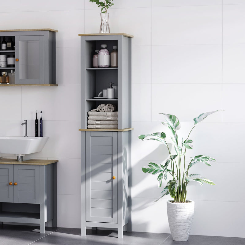 Tall Grey Bathroom Storage Cabinet - 3-Tier Shelving & Enclosed Cupboard Space - Free Standing Linen Tower for Space Optimization