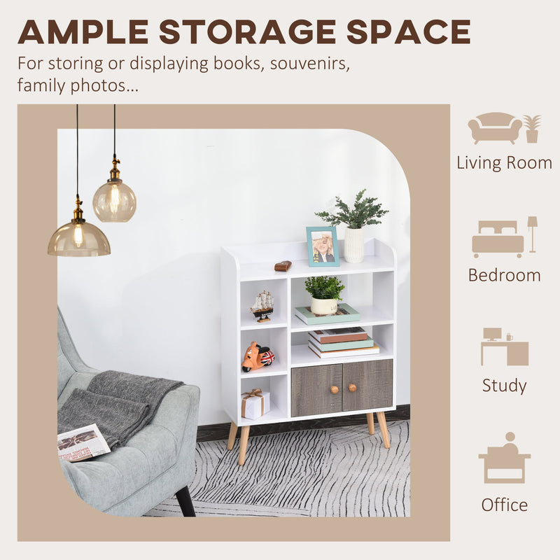 Modern Freestanding Bookcase with 6-Tier Shelves and Cabinet - Chic White Display Storage with Wooden Legs - Ideal for Home Office and Decor Organization