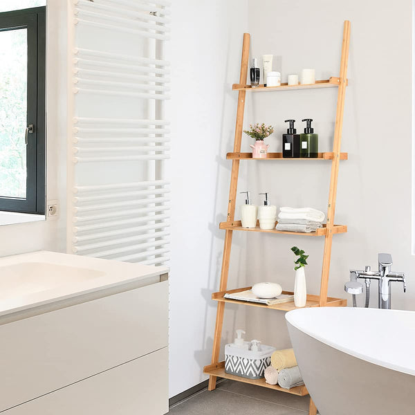 Bamboo 5-Tier Ladder Shelf - With Raised Baffle Design, Ideal for Living Room Display - Perfect Storage Solution for Home Decor Enthusiasts