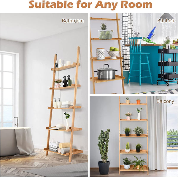 Bamboo 5-Tier Ladder Shelf - With Raised Baffle Design, Ideal for Living Room Display - Perfect Storage Solution for Home Decor Enthusiasts