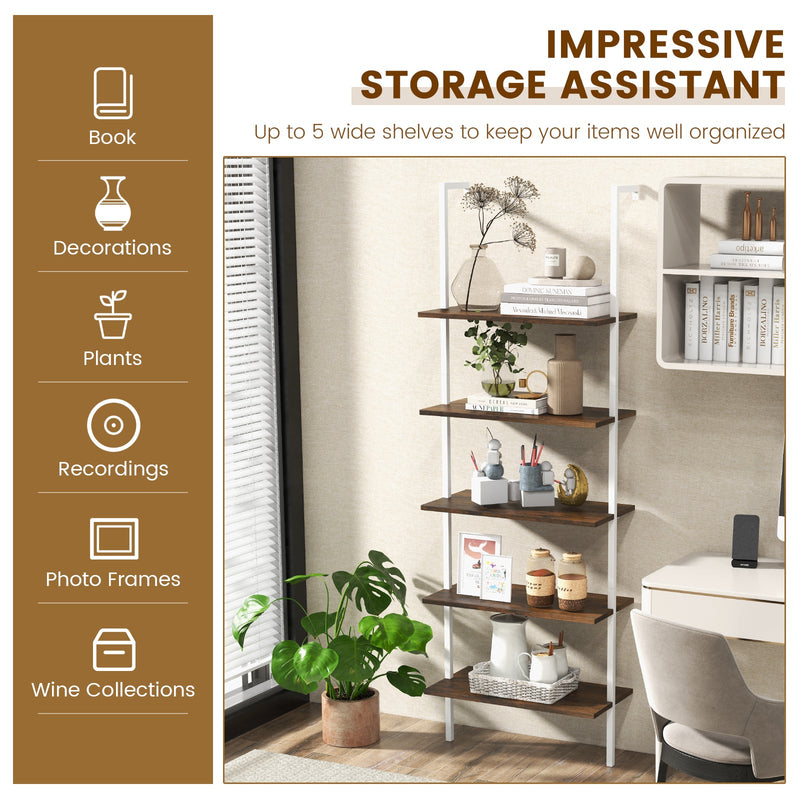 5-Tier Ladder Shelf with Steel Frame for Living Room Bedroom Office-White &amp; Golden