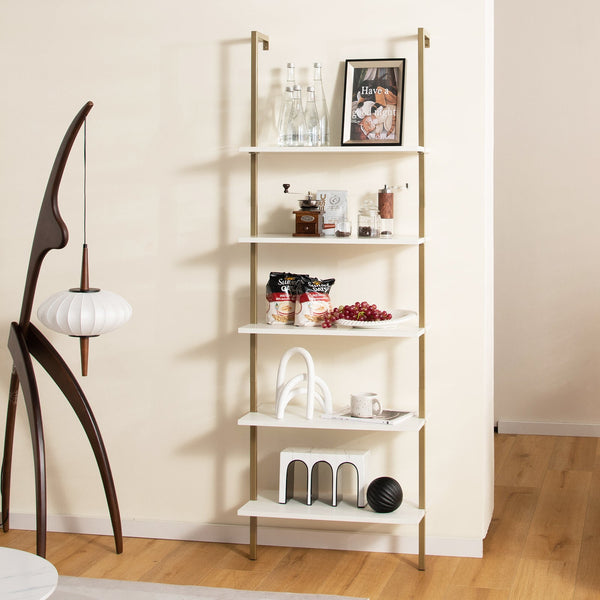5-Tier Ladder Shelf with Steel Frame for Living Room Bedroom Office-White &amp; Golden