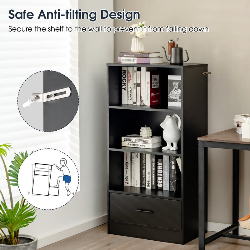 Wooden Cabinet Bookshelf - 3-Tier Open Shelves with Drawer in White - Ideal Storage Solution for Home and Office