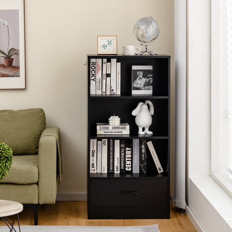 Wooden Cabinet Bookshelf - 3-Tier Open Shelves with Drawer in White - Ideal Storage Solution for Home and Office