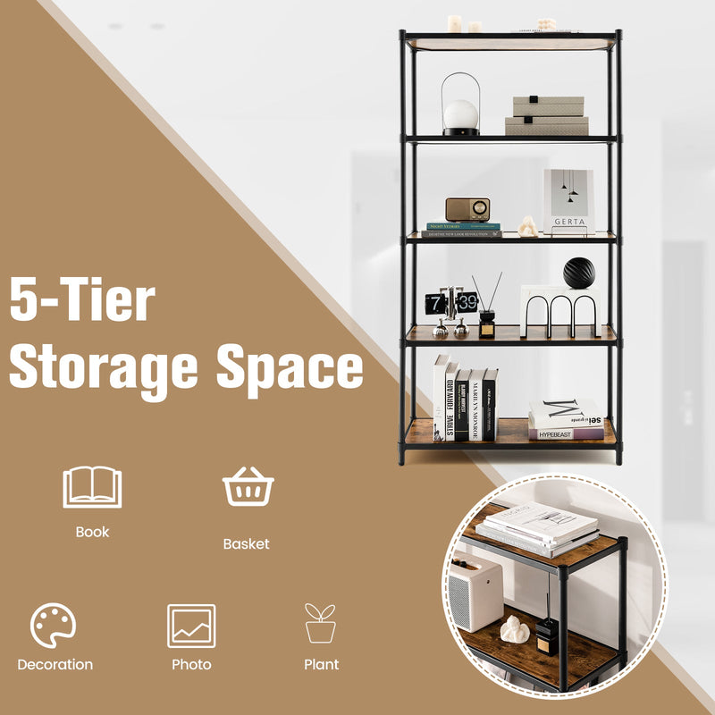 5-Tier Wooden Bookshelf - Rustic Brown Storage Unit for Living Room, Bedroom and Office - Ideal for Space-Saving and Organizing Literature
