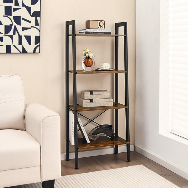 Rustic Brown 4-Tier Bookshelf - Metal Frame Design, Compact Storage Solution - Ideal for Home Libraries and Living Rooms