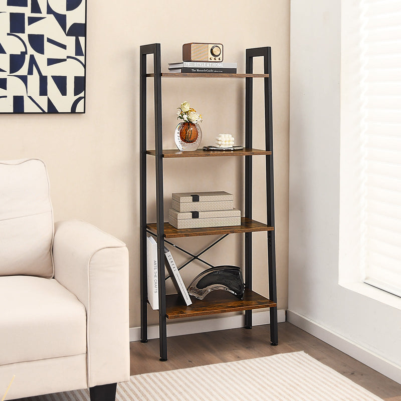 Rustic Brown 4-Tier Bookshelf - Metal Frame Design, Compact Storage Solution - Ideal for Home Libraries and Living Rooms