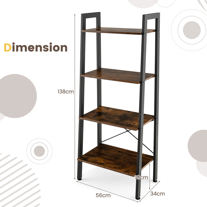 Rustic Brown 4-Tier Bookshelf - Metal Frame Design, Compact Storage Solution - Ideal for Home Libraries and Living Rooms