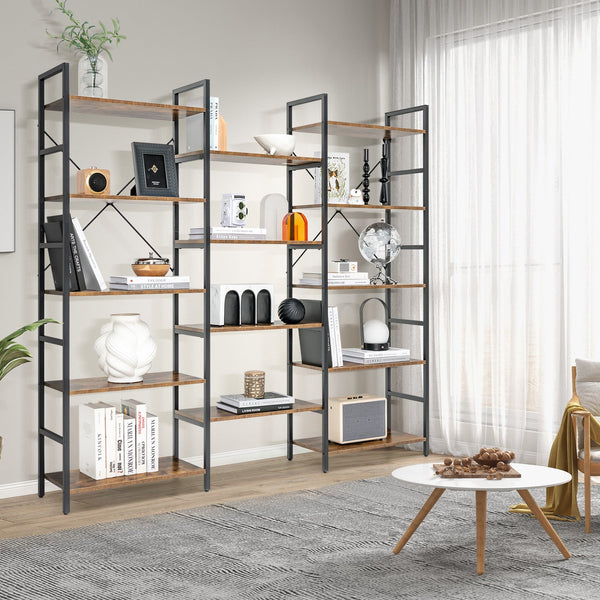Industrial 5-Tier Bookshelf - 14 Open Shelves Design for Home and Office Space - Ideal for Displaying Personal Library and Work Materials, Brown Finish