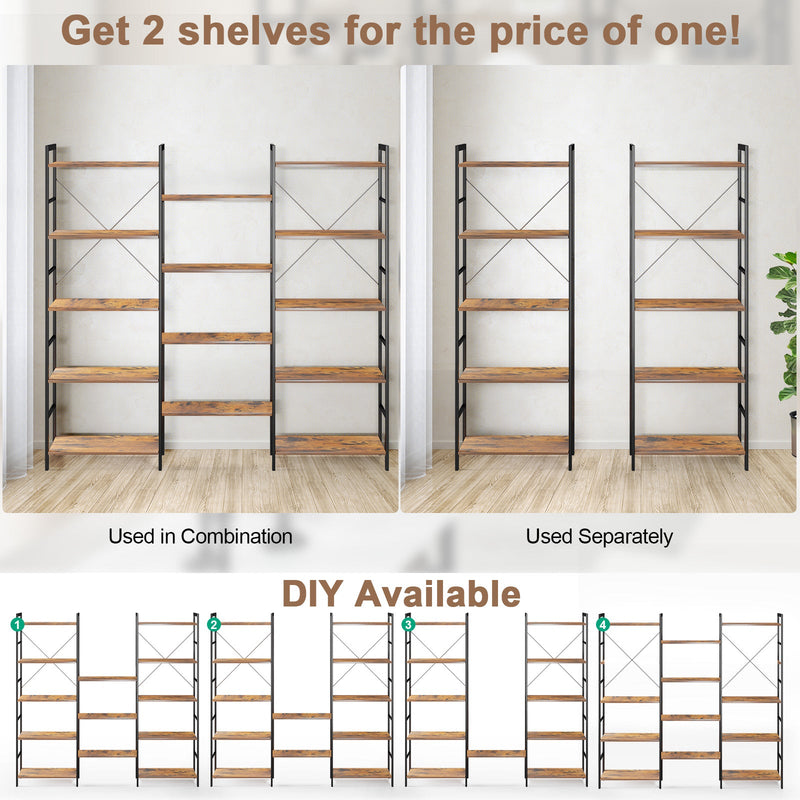 Industrial 5-Tier Bookshelf - 14 Open Shelves Design for Home and Office Space - Ideal for Displaying Personal Library and Work Materials, Brown Finish