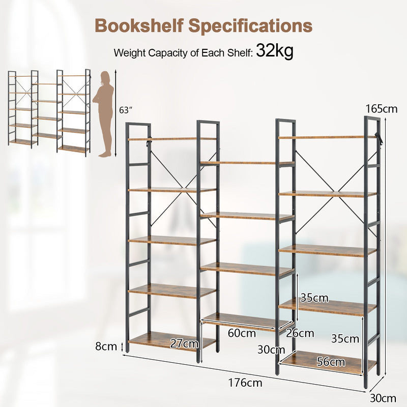 Industrial 5-Tier Bookshelf - 14 Open Shelves Design for Home and Office Space - Ideal for Displaying Personal Library and Work Materials, Brown Finish
