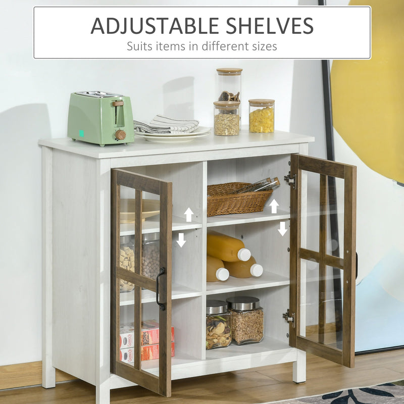 Distressed White Kitchen Sideboard - Glass Door Accent Cupboard with Adjustable Shelf Storage - Elegant Organization for Dining and Living Areas