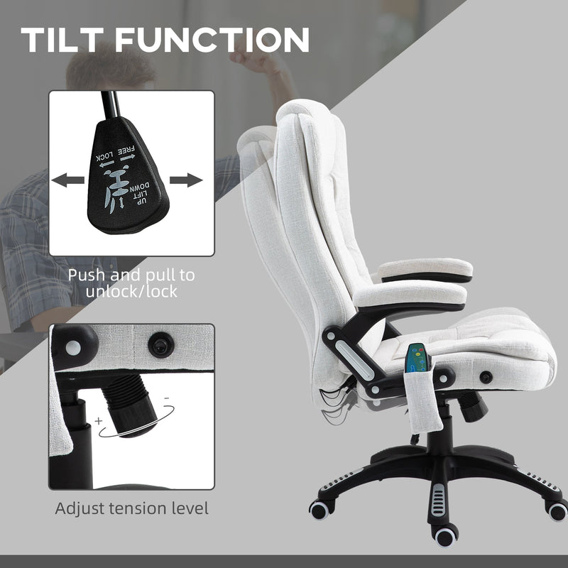 Heated Massage Recliner Chair with Linen Fabric - 6-Point Vibrating Office Chair with Swivel Casters - Comfort for Home and Office Use, Cream White